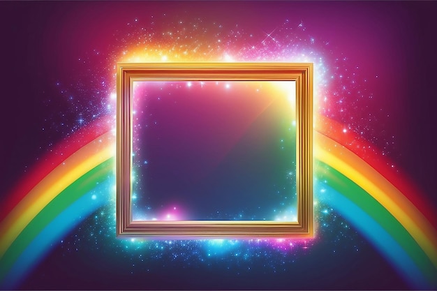 Marco de imagen cuadrado con arco iris luz mágica a su alrededor ilustración vectorial copia espacio borde de fondo