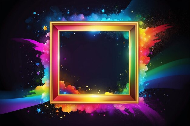 Marco de imagen cuadrado con arco iris luz mágica a su alrededor ilustración vectorial copia espacio borde de fondo