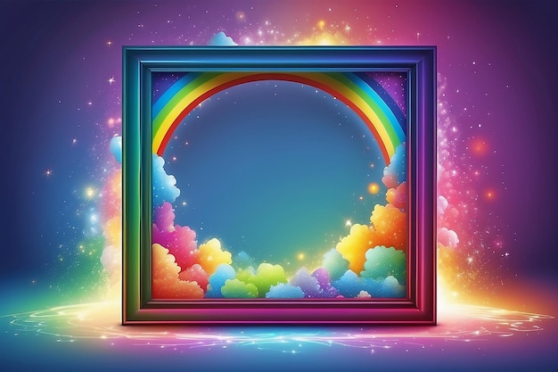 Marco de imagen cuadrado con arco iris luz mágica a su alrededor ilustración vectorial copia espacio borde de fondo