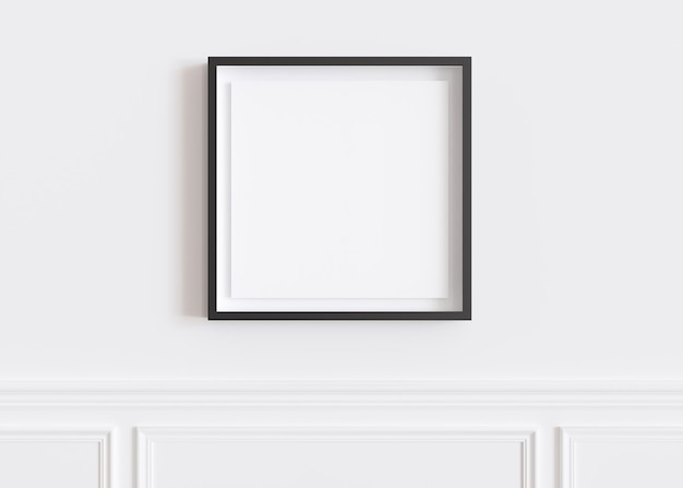 Marco de imagen cuadrado en blanco colgado en la pared blanca Maqueta de plantilla para su imagen de arte o póster Espacio de copia vacío Vista de cerca Maqueta minimalista simple Representación 3D