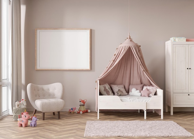 Marco de imagen horizontal vacío en la pared beige en la habitación infantil moderna Interior simulado en estilo escandinavo contemporáneo Espacio de copia libre para la imagen Juguetes de cama Habitación acogedora para niños Representación 3D