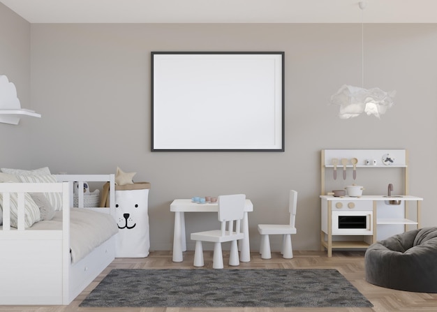 Marco de imagen horizontal vacío en la pared gris claro en la habitación infantil moderna Interior simulado en estilo escandinavo Espacio de copia libre para la imagen Juguetes de cama Habitación acogedora para niños Representación 3D