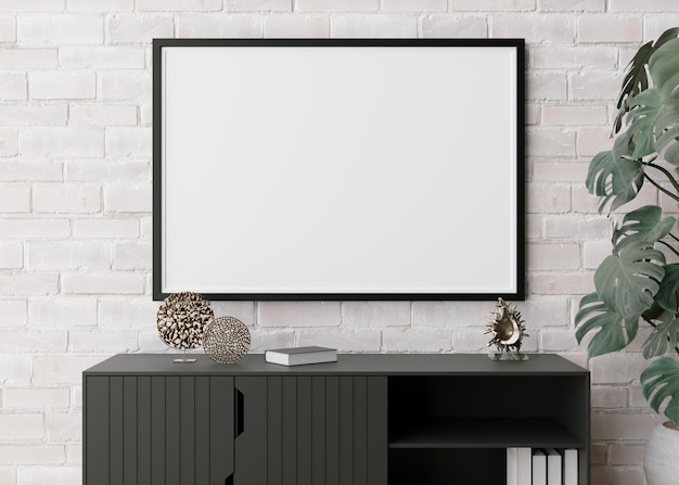 Marco de imagen horizontal vacío en la pared de ladrillo blanco en la sala de estar moderna Interior simulado en estilo escandinavo minimalista Espacio de copia libre para póster de imagen Esculturas de consola Representación 3D