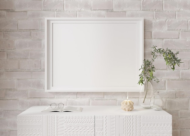 Marco de imagen horizontal vacío en la pared de ladrillo blanco en la sala de estar moderna Interior simulado en estilo minimalista contemporáneo Espacio libre para su póster de imagen Planta de velas de consola Representación 3D