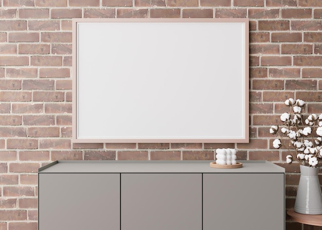 Marco de imagen horizontal vacío en la pared de ladrillo marrón en la sala de estar moderna Interior simulado en estilo minimalista contemporáneo Espacio libre para su póster de imagen Planta de algodón de consola Representación 3D