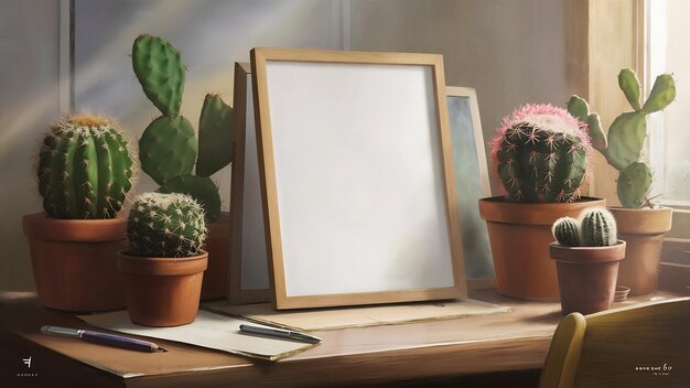 Marco de imagen de madera en blanco con tres tipos de plantas de cactus en olla en el escritorio