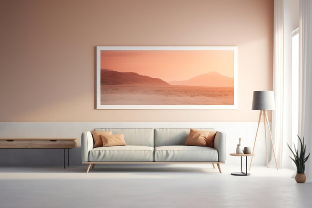 marco de imagen maqueta psd colgando en la sala de estar moderna minimalista generado ai