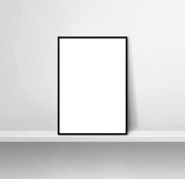 Marco de imagen negro apoyado en un estante blanco. Ilustración 3D. Plantilla de maqueta en blanco. Fondo cuadrado