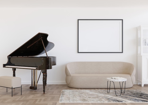 Marco de imagen negro vacío en la pared blanca en la sala de estar moderna Interior simulado en estilo contemporáneo Espacio de copia libre para su póster de imagen Sofá alfombra piano Representación 3D