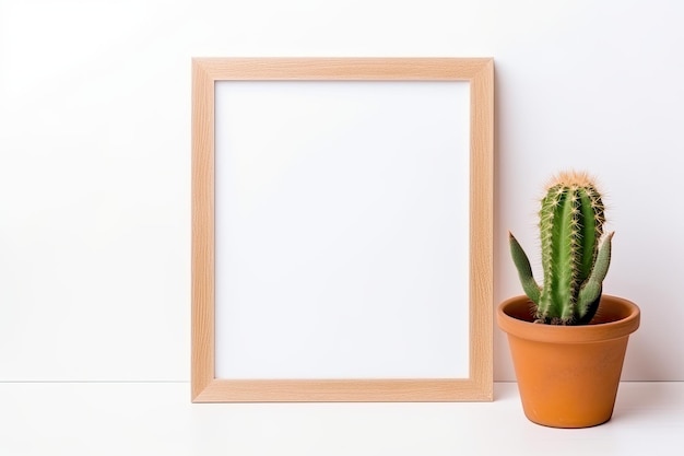 Marco de imagen vacío de forma cuadrada de madera con cactus sobre un fondo blanco.