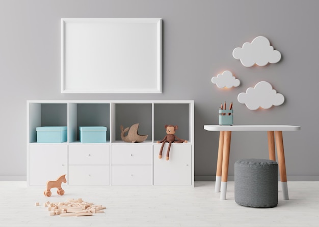 Marco de imagen vacío en la pared gris en la habitación infantil moderna. Simulacros de interior en estilo escandinavo. Gratis, copia espacio para tu foto. Consola, mesa con sillas, juguetes. Acogedora habitación para niños. Representación 3D.