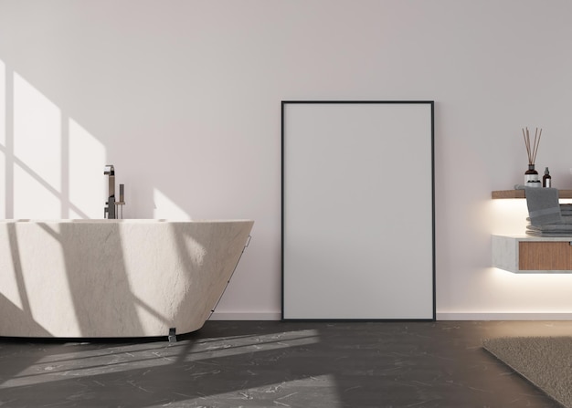 Marco de imagen vertical en blanco de pie en el suelo en el baño moderno Interior simulado en estilo contemporáneo Espacio libre para póster de imagen Alfombra de baño Representación 3D