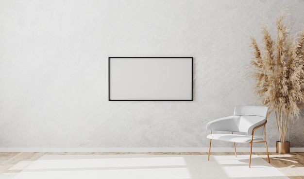 Marco de imágenes en blanco en el interior de una habitación vacía contemporánea brillante con silla blanca de lujo en el piso de parquet de madera y pared de yeso decorativo blanco renderización 3d