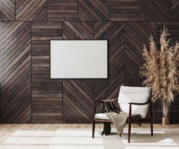 Marco de imágenes en blanco maquillaje en espacio vacío fondo interior de habitación moderna con panel decorativo de madera en la pared y silla de madera con manta fondo interior de sala de estar renderización 3d
