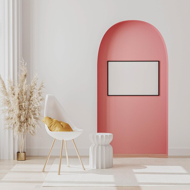 Marco de imágenes en blanco maquillaje en el interior de la habitación moderna con mesa de café de silla blanca cerca de la ventana y arco rosado decorativo y columna en el fondo 3d renderxA