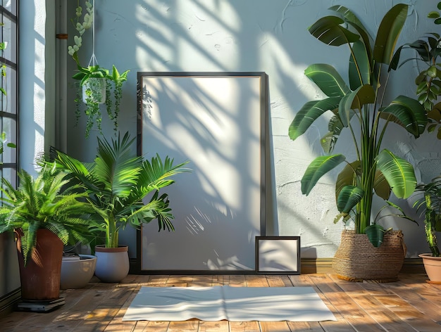 Marco de imágenes en blanco en el piso de parquet con flores cerca de la ventana