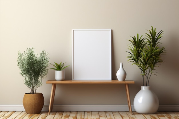 Marco de imágenes de decoración para el hogar minimalista y planta en la mesa impulsada por IA generativa