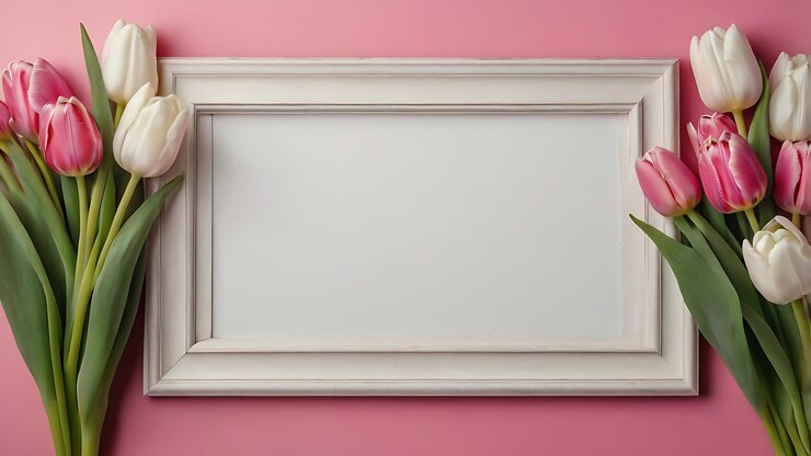 un marco de imágenes con un fondo rosa y un jarrón de flores