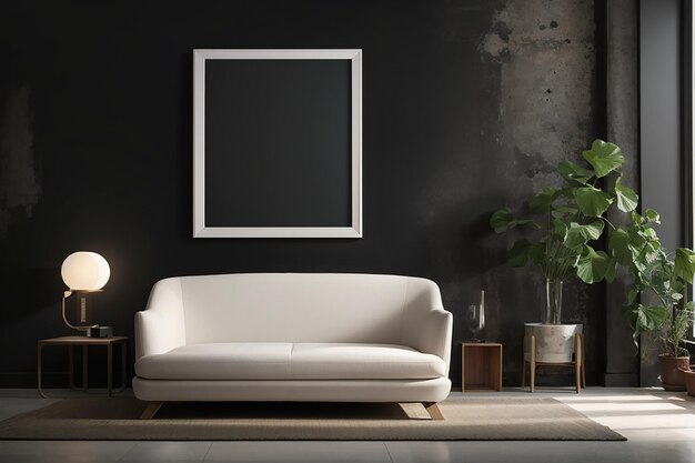 Marco de imágenes horizontal vacío en la pared negra en la sala de estar moderna Mock up interior en estilo contemporáneo espacio de copia libre para su cartel de imágenes sofá mesa pampas hierba en jarrón renderización 3D