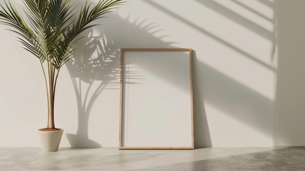 Marco de imágenes minimalistas y planta de palma en fondo blanco con vibraciones tropicales IA generativa