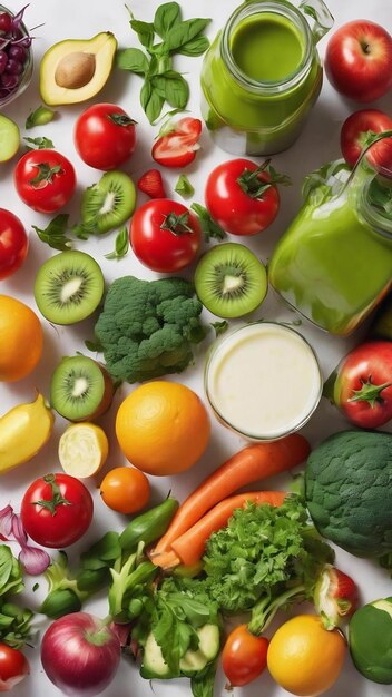 Marco de ingredientes para un batido verde de verduras y frutas o para una ensalada fresca en un blanco b