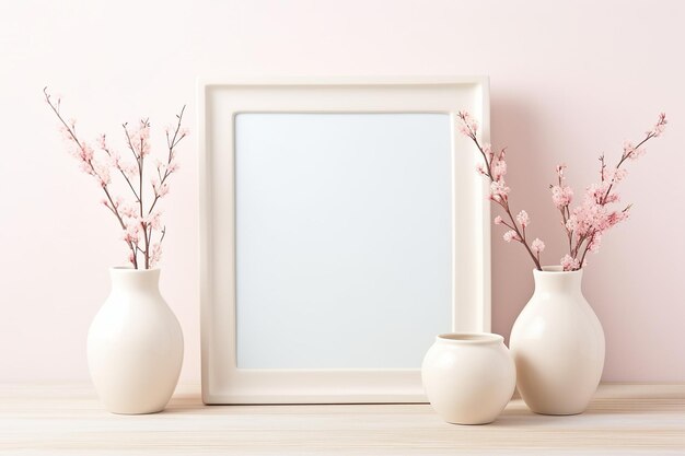 Marco de lienzo en blanco sencillo y elegante con jarrones florales para cualquier habitación