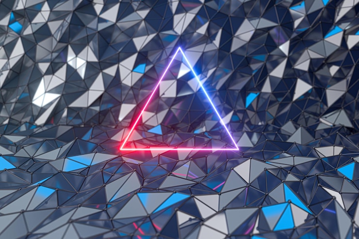 Foto marco de línea de neón con fondo metálico triangular renderización 3d