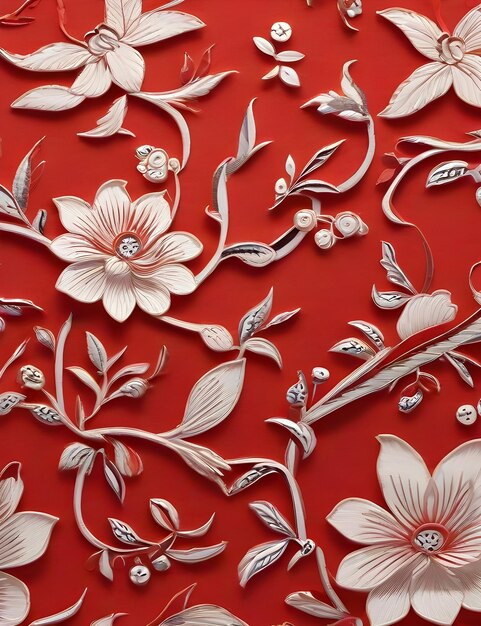 Foto marco lleno de textura papel rojo chino con patrón floral bordado