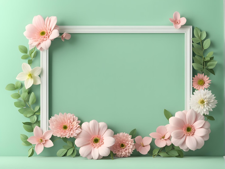 Marco de madera 3D con decoración floral en fondo verde telón de fondo elegante