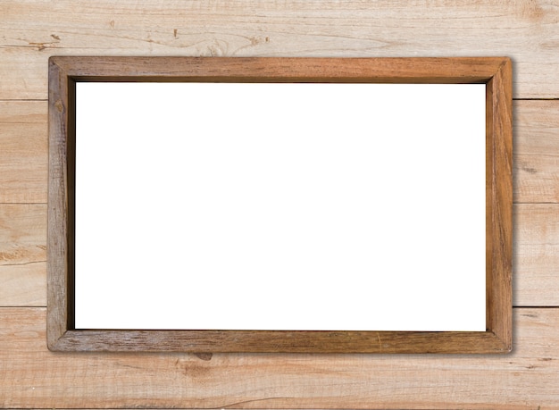 Foto marco de madera en blanco rectángulo en madera de la pared