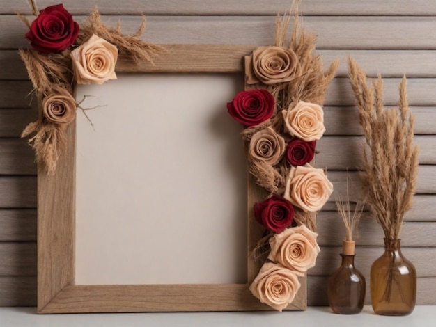 Un marco de madera colgado en la pared con rosas secas o artificiales dispuestas dentro Esto agrega una estética rústica y natural al fondo