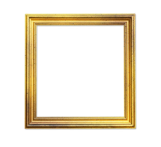 Marco de madera dorada para pintura o imagen sobre fondo blanco con camino de recorte aislado