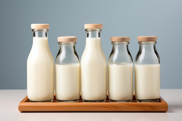 El marco de madera envuelve las botellas de leche una mezcla de encanto rústico y frescura láctea