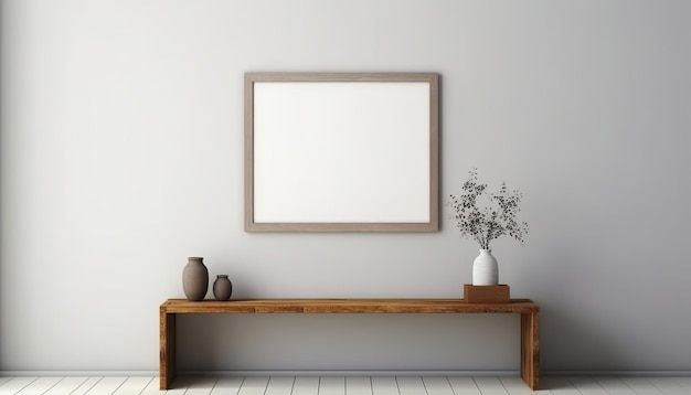 marco de madera gris minimalista vacío volteado horizontalmente con una alfombra blanca sobre un fondo blanco