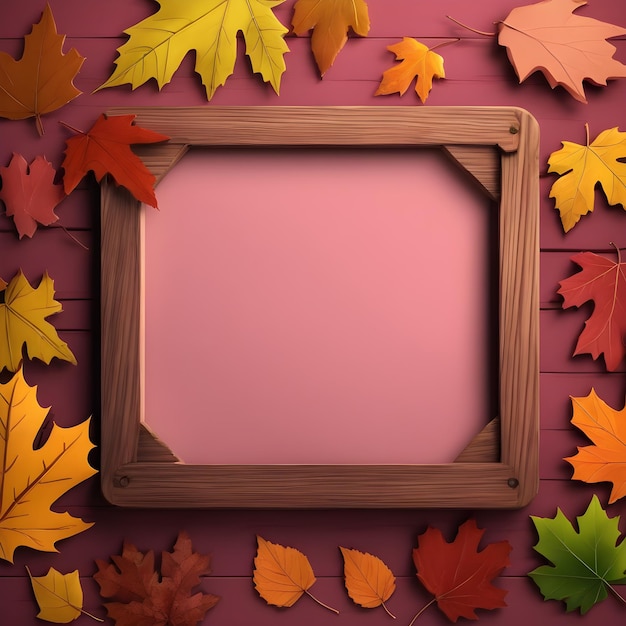 marco de madera con hojas de otoño sobre fondo de madera