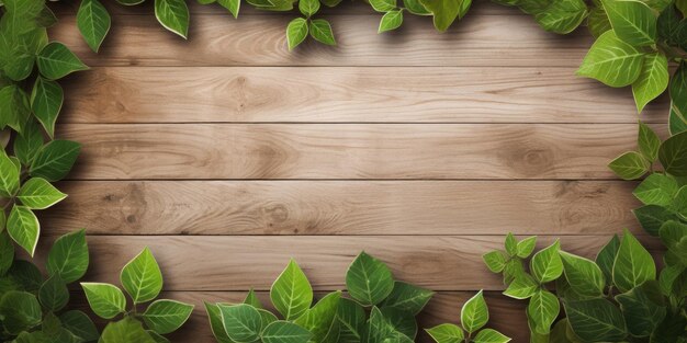 Foto marco de madera con hojas verdes de primavera y espacio vacío para el texto