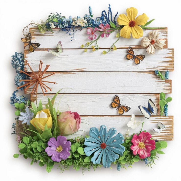 un marco de madera con mariposas y flores en él