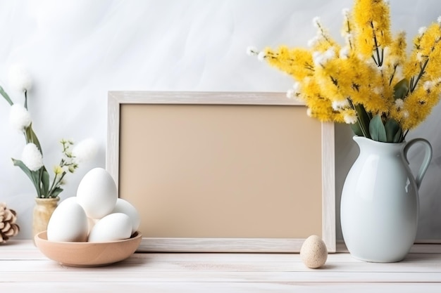 marco de madera en la mesa decorada para la Pascua ai generado.