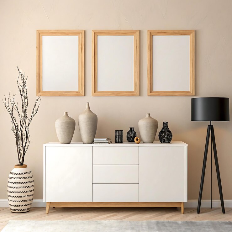 Marco de madera minimalista con hierba de Pampas y decoración neutral de la sala de estar
