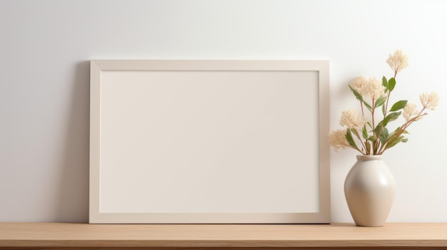 Foto marco de madera minimalista con un jarrón de flores resolución 8k