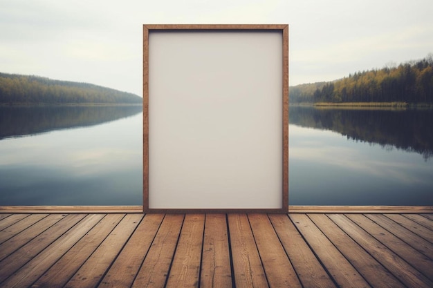 un marco de madera en un muelle de madera con un lago al fondo