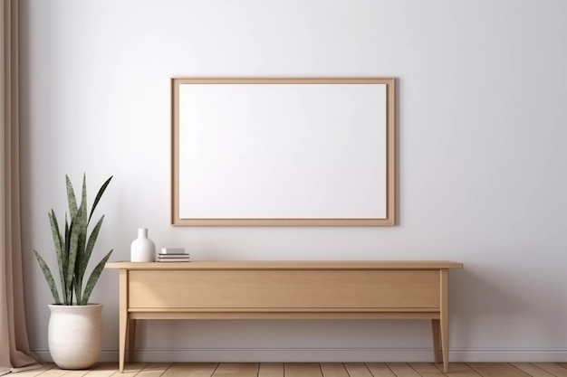 Un marco de madera sobre una pared blanca con una planta en la maceta a un lado.