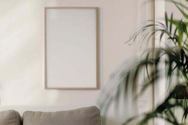 Marco de madera vacío en la pared blanca en una sala de estar de estilo minimalismo plantilla
