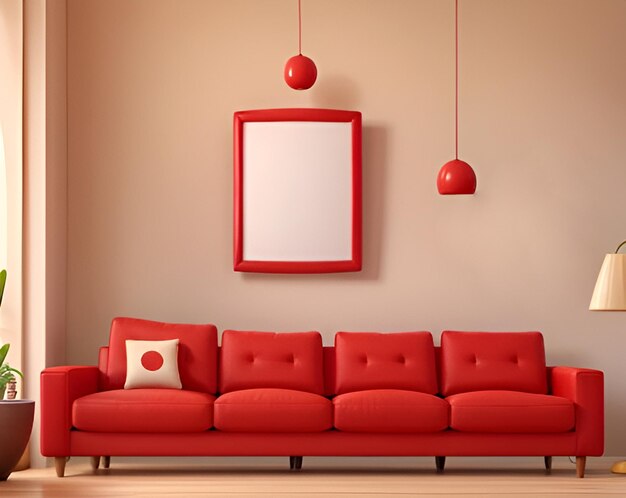 Marco de maqueta en blanco y decoración de accesorios y sofá rojo en el fondo interior de la pared