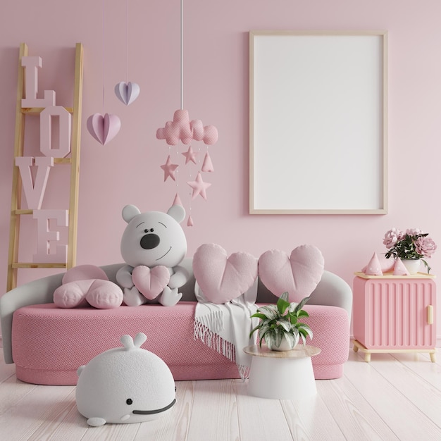 Marco de maqueta en el día de san valentín con sofá en la pared de color rosa