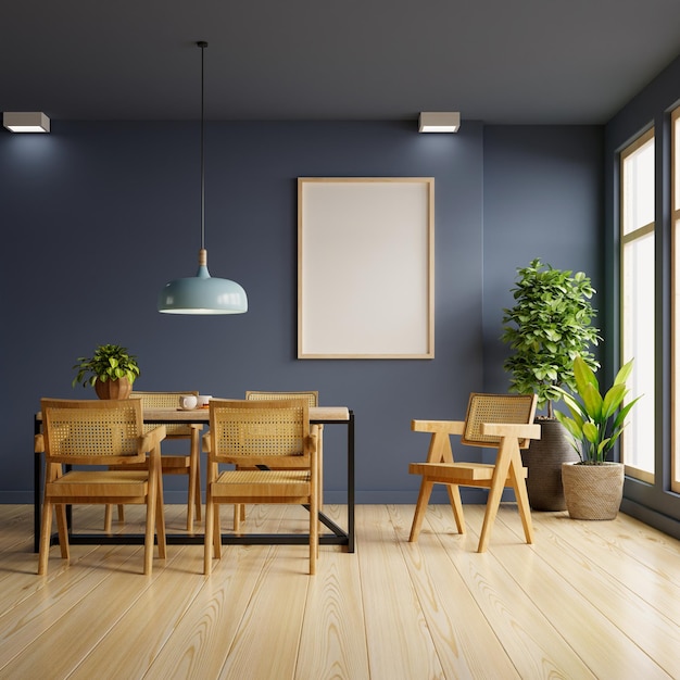 Marco de maqueta en diseño interior de comedor moderno con pared vacía azul oscuro