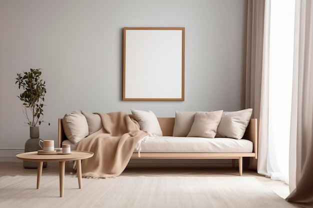 Foto marco de maqueta en un interior escandinavo sobre un fondo de una pared blanca y un sofá