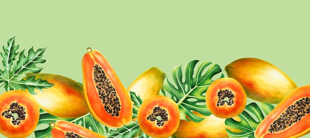 Marco de marcador plantilla de estandarte borde con dulce rebanada madura de papaya con granos hojas tropicales mons