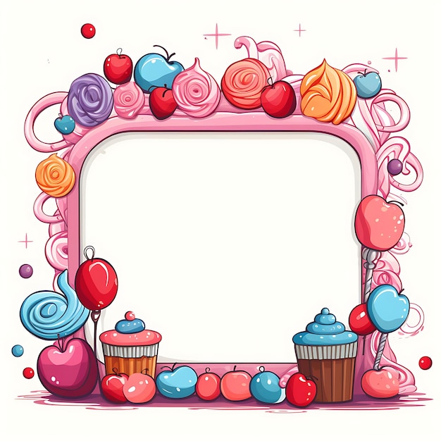 Foto marco marco ovalado inspirado en candyland con piruletas caramelos cupcake garabatos creativos decorativos