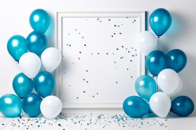 Marco minimalista adornado con globos azules y confeti de celebración